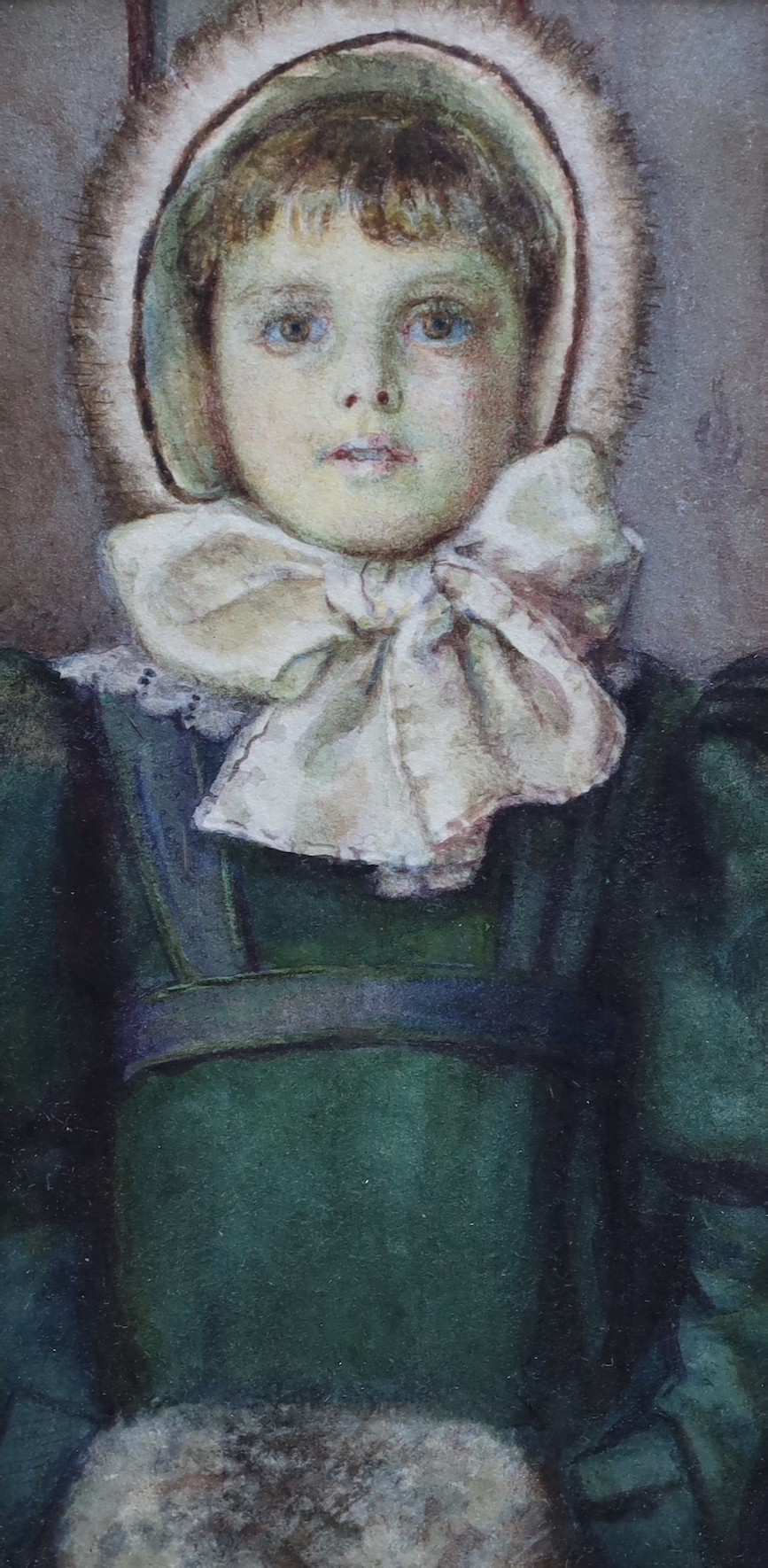 G. Sqivan Shaw, watercolour, 'Portrait of a girl wearing a fur trimmed dress', signed in pencil, 18 x 10.5cm